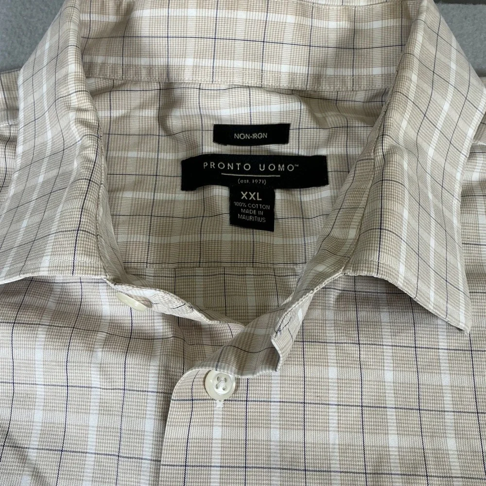 Pronto Uomo Mens XXL Tan Plaid Non-Iron Cotton Long Sleeve Dress Shirt Button Up